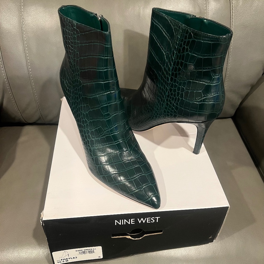 Nine West Dark Green Croc-Embossed Booties
